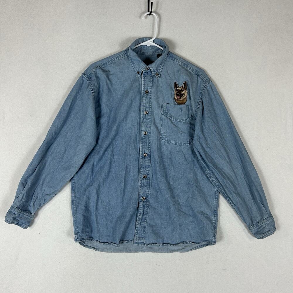 Vintage Peregrine Bay Denim Button-Up Shirt Men's Small Embroidered Dog Shepherd
